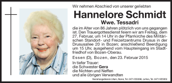 Traueranzeige von Hannelore Tessadri von Dolomiten