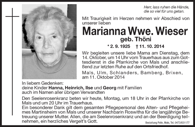  Traueranzeige für Marianna Wieser vom 13.10.2014 aus Dolomiten