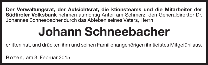  Traueranzeige für Johann Schneebacher vom 04.02.2015 aus Dolomiten