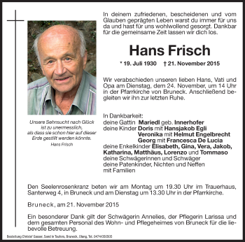 Traueranzeige von Hans Frisch von Dolomiten