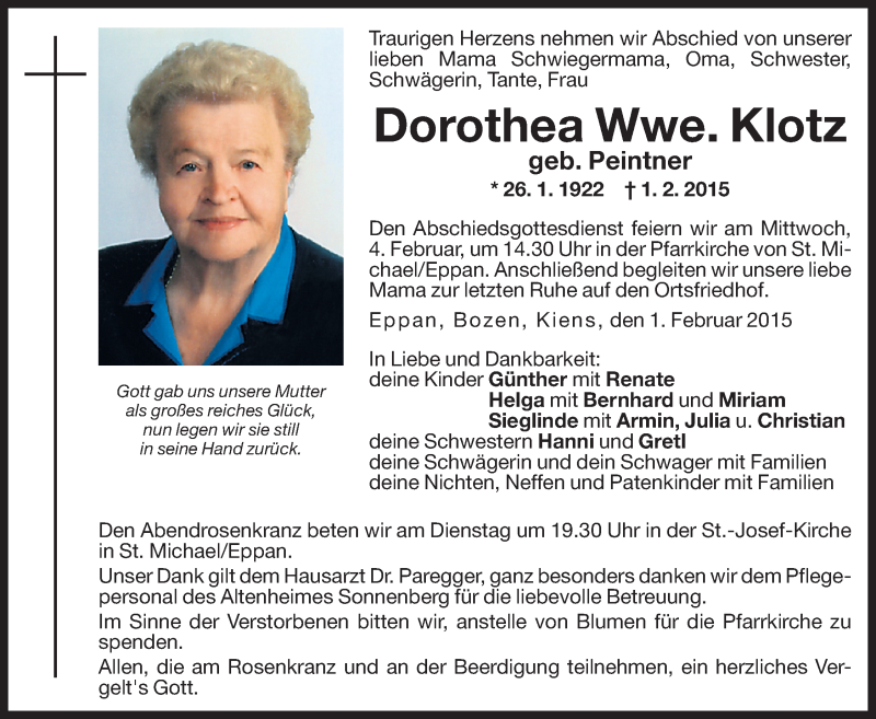  Traueranzeige für Dorothea Klotz vom 03.02.2015 aus Dolomiten