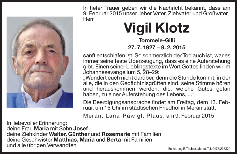  Traueranzeige für Vigil Klotz vom 11.02.2015 aus Dolomiten