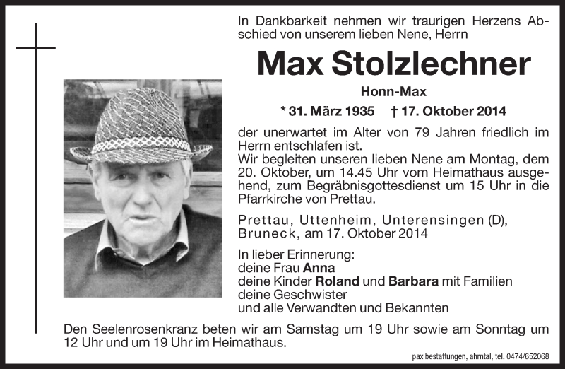  Traueranzeige für Max Stolzlechner vom 18.10.2014 aus Dolomiten