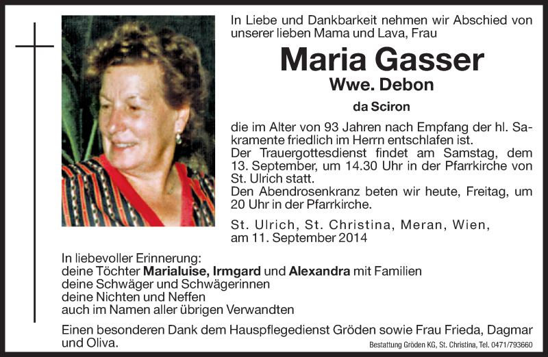  Traueranzeige für Maria  Debon vom 12.09.2014 aus Dolomiten