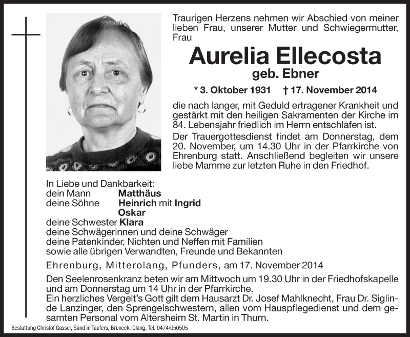  Traueranzeige für Aurelia Ellecosta vom 19.11.2014 aus Dolomiten