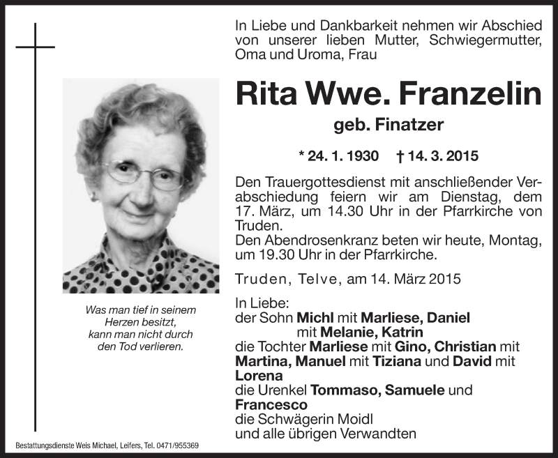  Traueranzeige für Rita Franzelin vom 16.03.2015 aus Dolomiten