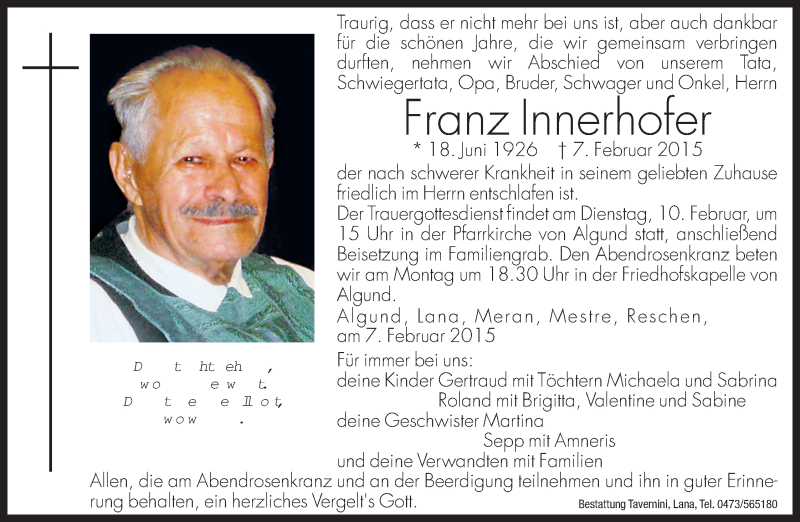  Traueranzeige für Franz Innerhofer vom 09.02.2015 aus Dolomiten