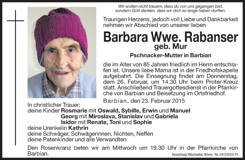  Traueranzeige für Barbara Rabanser vom 25.02.2015 aus Dolomiten