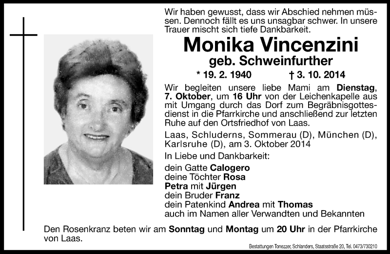  Traueranzeige für Monika Vincenzini vom 04.10.2014 aus Dolomiten