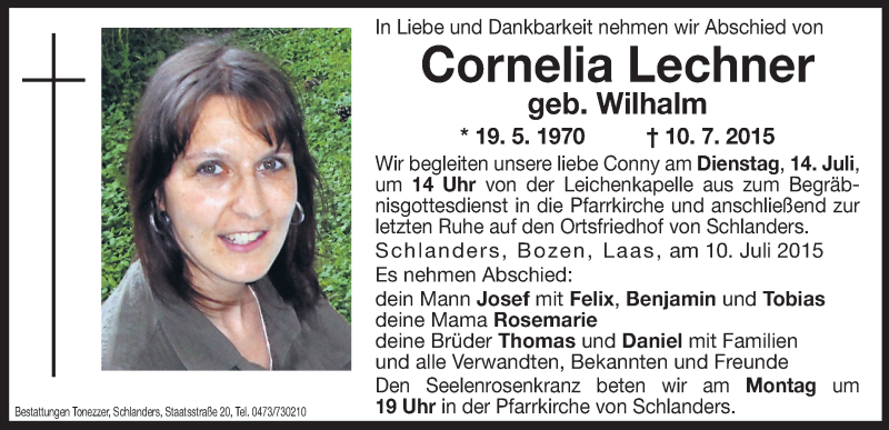  Traueranzeige für Cornelia Lechner vom 13.07.2015 aus Dolomiten