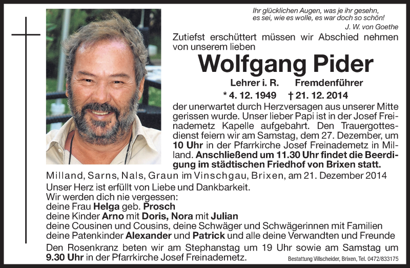  Traueranzeige für Wolfgang Pider vom 24.12.2014 aus Dolomiten