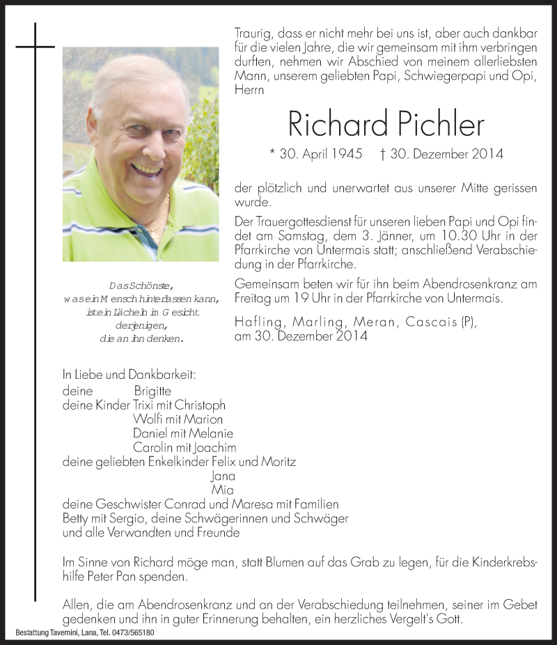  Traueranzeige für Richard Pichler vom 02.01.2015 aus Dolomiten