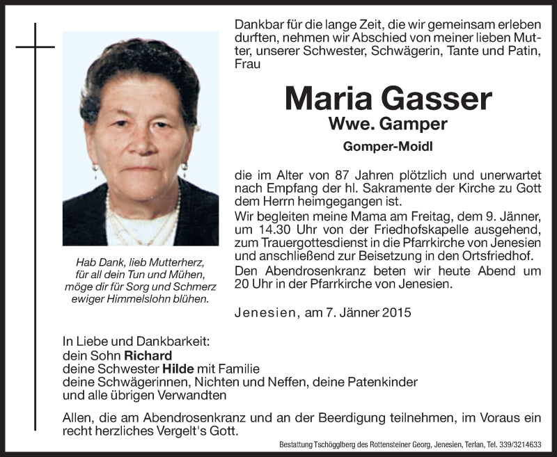  Traueranzeige für Maria Gamper vom 08.01.2015 aus Dolomiten