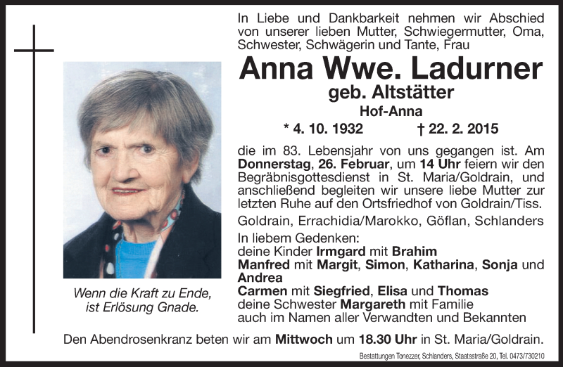  Traueranzeige für Anna Ladurner vom 24.02.2015 aus Dolomiten