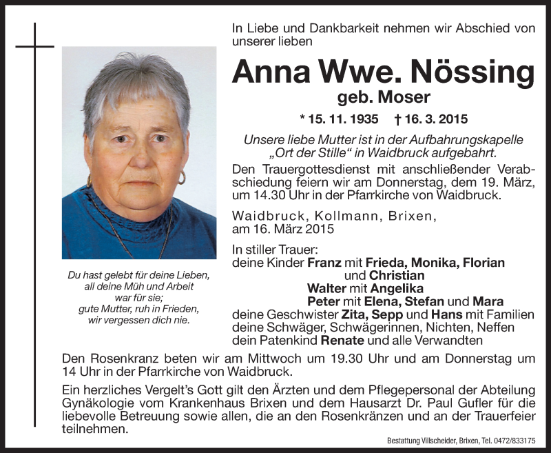  Traueranzeige für Anna Nössing vom 18.03.2015 aus Dolomiten