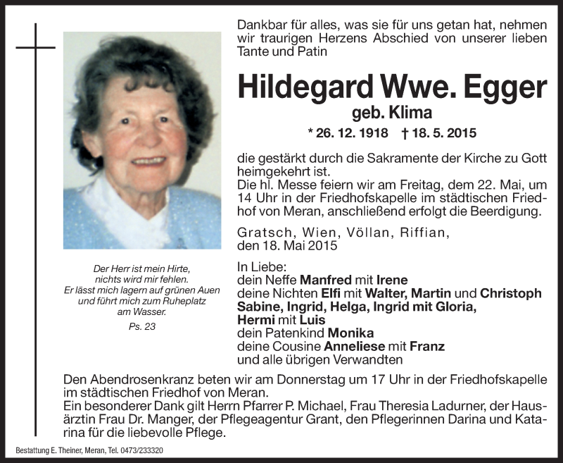  Traueranzeige für Hildegard Egger vom 20.05.2015 aus Dolomiten