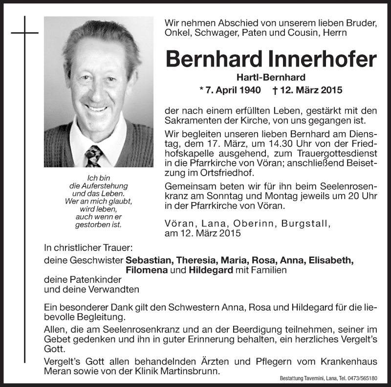  Traueranzeige für Bernhard Innerhofer vom 14.03.2015 aus Dolomiten