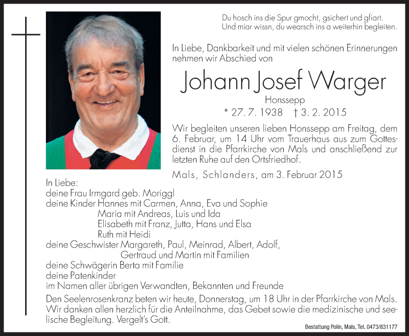  Traueranzeige für Johann Josef Warger vom 05.02.2015 aus Dolomiten