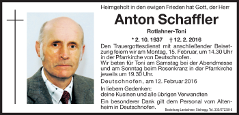 Traueranzeige von Anton Schaffler von Dolomiten