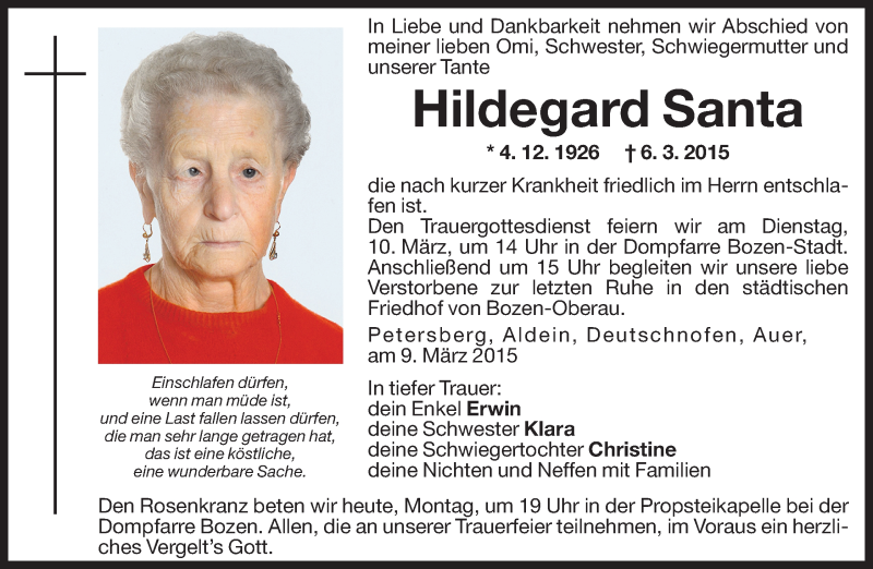  Traueranzeige für Hildegard Santa vom 09.03.2015 aus Dolomiten