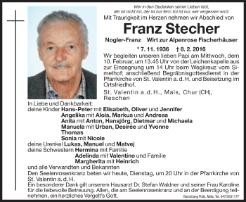 Traueranzeige von Franz Stecher von Dolomiten