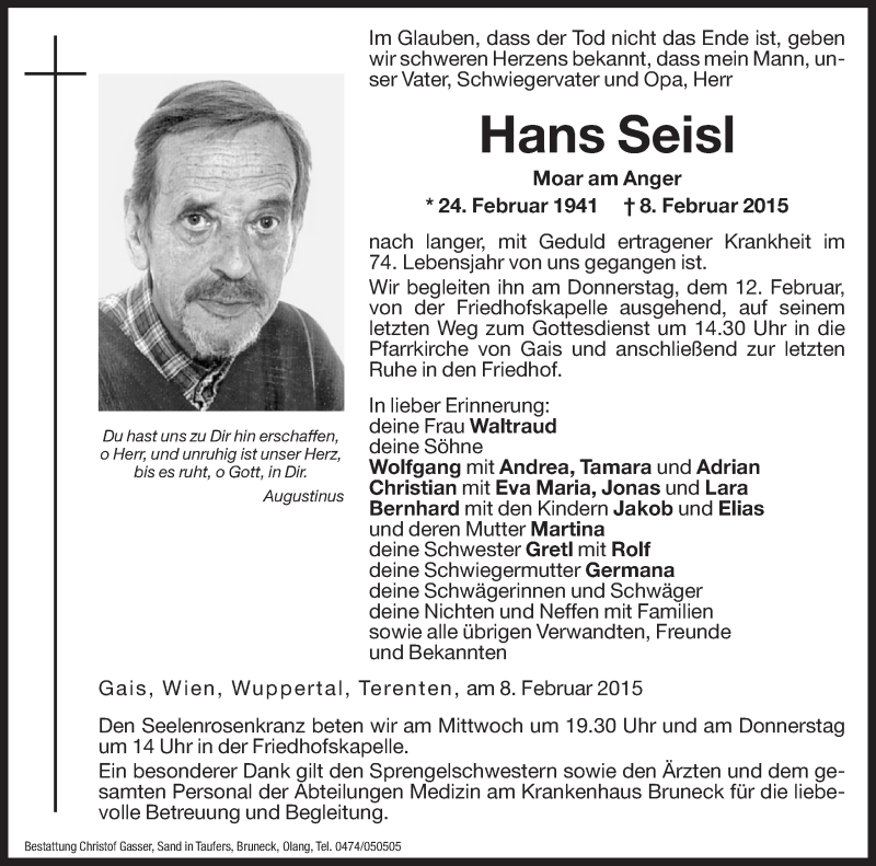  Traueranzeige für Hans Seisl vom 10.02.2015 aus Dolomiten