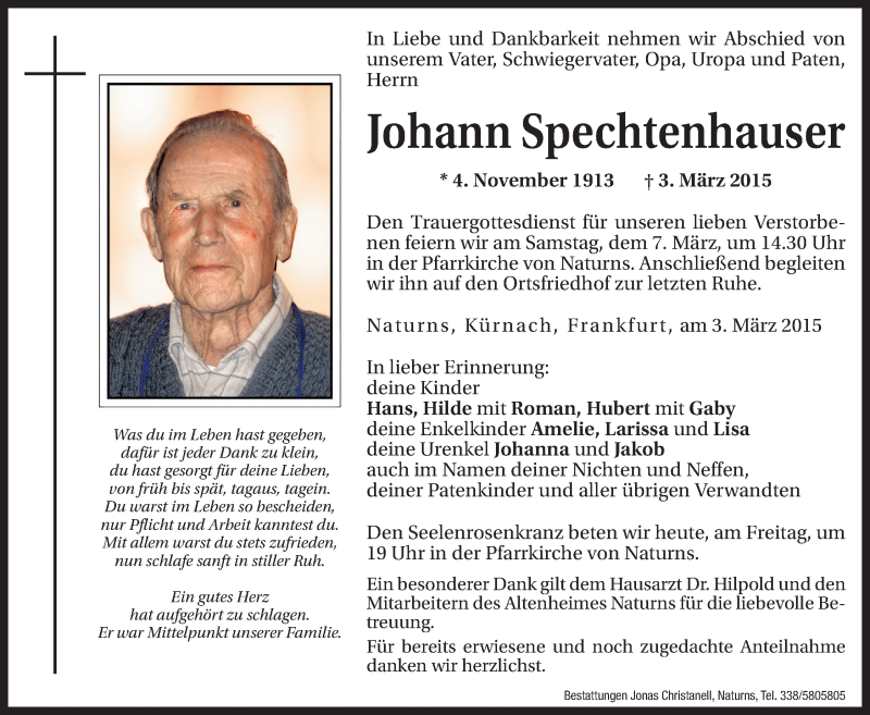  Traueranzeige für Johann Spechtenhauser vom 06.03.2015 aus Dolomiten