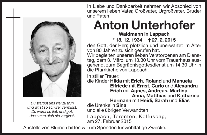  Traueranzeige für Anton Unterhofer vom 02.03.2015 aus Dolomiten