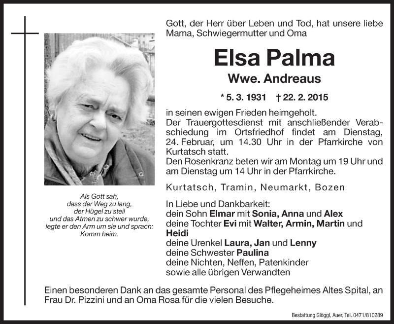  Traueranzeige für Elsa Andreaus vom 23.02.2015 aus Dolomiten