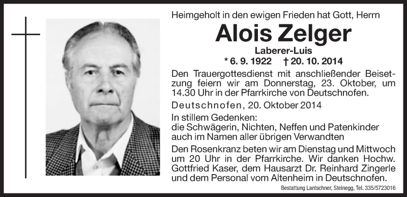  Traueranzeige für Alois Zelger vom 21.10.2014 aus Dolomiten