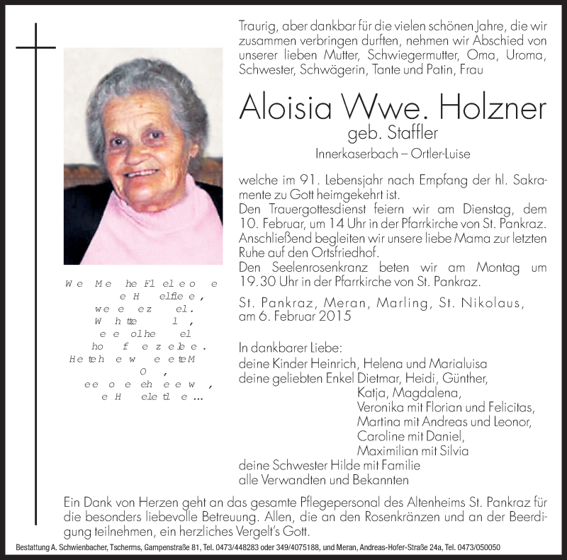  Traueranzeige für Aloisia Holzner vom 09.02.2015 aus Dolomiten