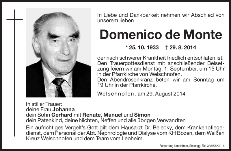  Traueranzeige für Domenico de Monte vom 30.08.2014 aus Dolomiten