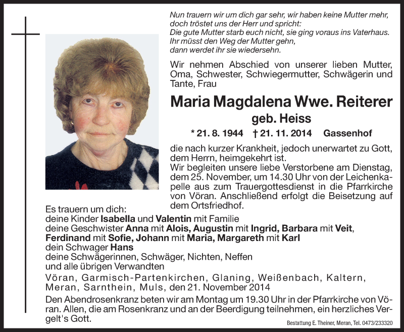  Traueranzeige für Maria Magdalena Reiterer vom 24.11.2014 aus Dolomiten