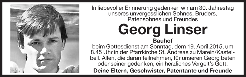  Traueranzeige für Georg Linser vom 18.04.2015 aus Dolomiten