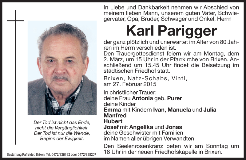  Traueranzeige für Karl Parigger vom 28.02.2015 aus Dolomiten