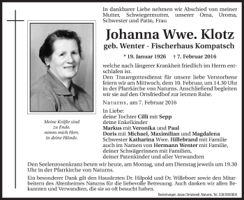 Traueranzeige von Johanna Klotz von Dolomiten