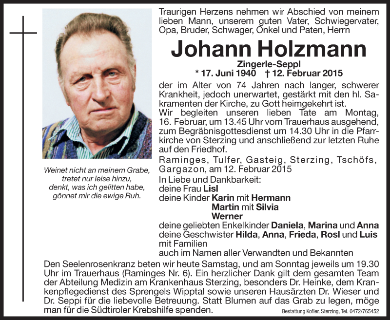  Traueranzeige für Johann Holzmann vom 14.02.2015 aus Dolomiten