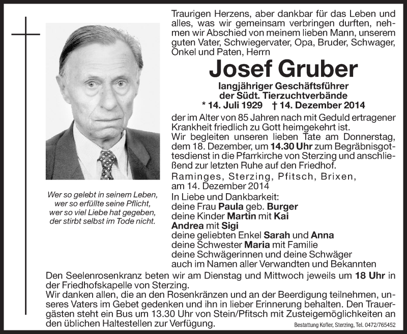  Traueranzeige für Josef Gruber vom 16.12.2014 aus Dolomiten