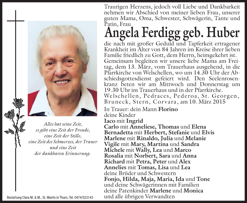  Traueranzeige für Angela Ferdigg vom 11.03.2015 aus Dolomiten