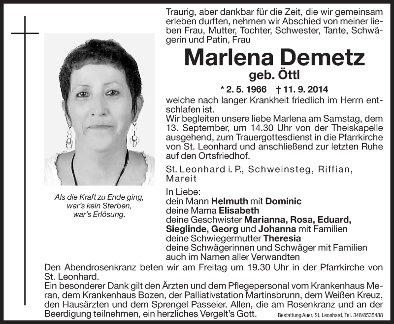  Traueranzeige für Marlena Demetz vom 12.09.2014 aus Dolomiten