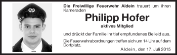 Traueranzeige von Philipp Hofer von Dolomiten