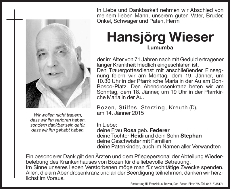  Traueranzeige für Hansjörg Wieser vom 17.01.2015 aus Dolomiten