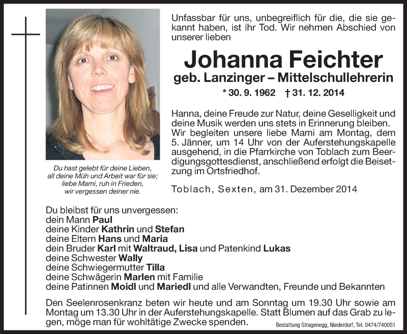  Traueranzeige für Johanna Feichter vom 03.01.2015 aus Dolomiten