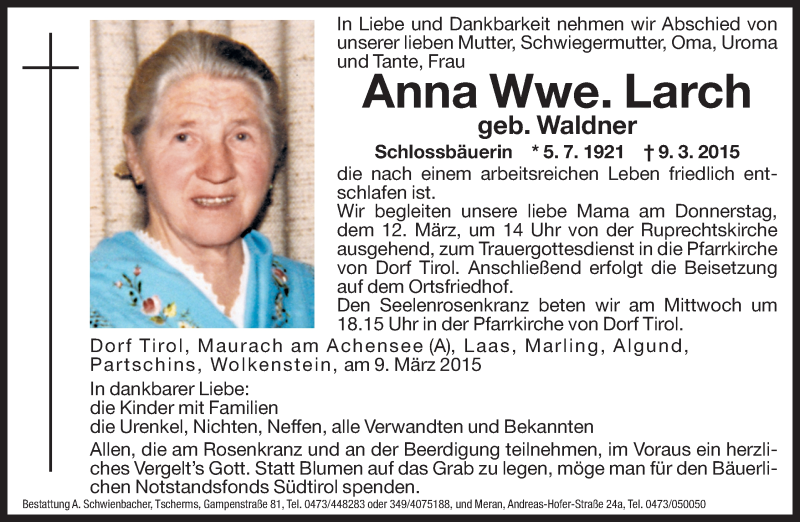  Traueranzeige für Anna Larch vom 10.03.2015 aus Dolomiten