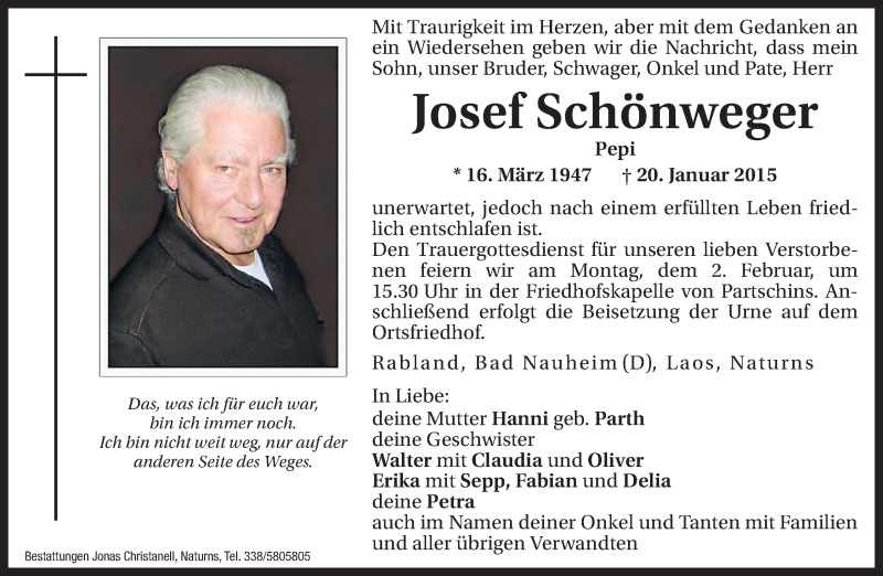  Traueranzeige für Josef Schönweger vom 31.01.2015 aus Dolomiten