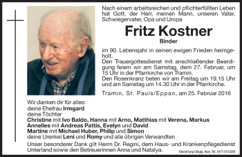 Traueranzeige von Fritz Kostner von Dolomiten