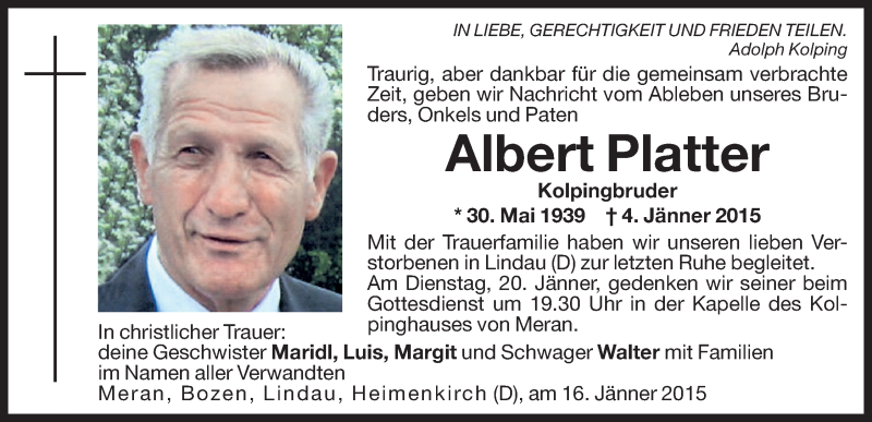  Traueranzeige für Albert Platter vom 16.01.2015 aus Dolomiten