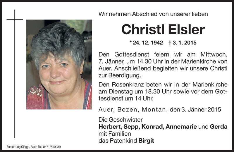  Traueranzeige für Christl Elsler vom 05.01.2015 aus Dolomiten