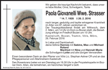 Traueranzeige von Paola Strasser von Dolomiten