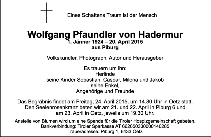  Traueranzeige für Wolfgang Pfaundler von Hadermur vom 23.04.2015 aus Dolomiten